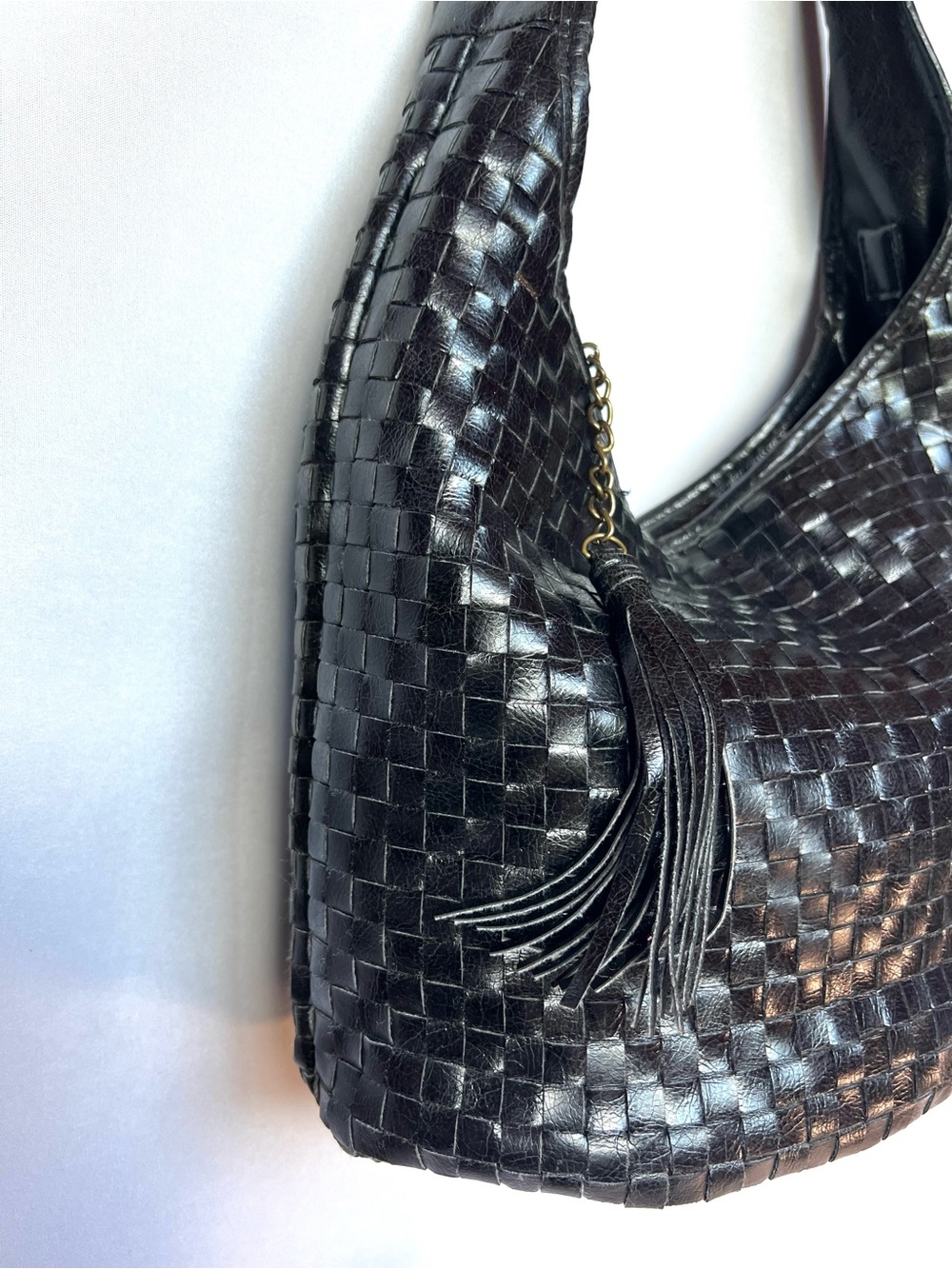 Braciano Woven Faux Leather Hobo Bag Black Tassel Shoulder Purse - Picture 2 of 11